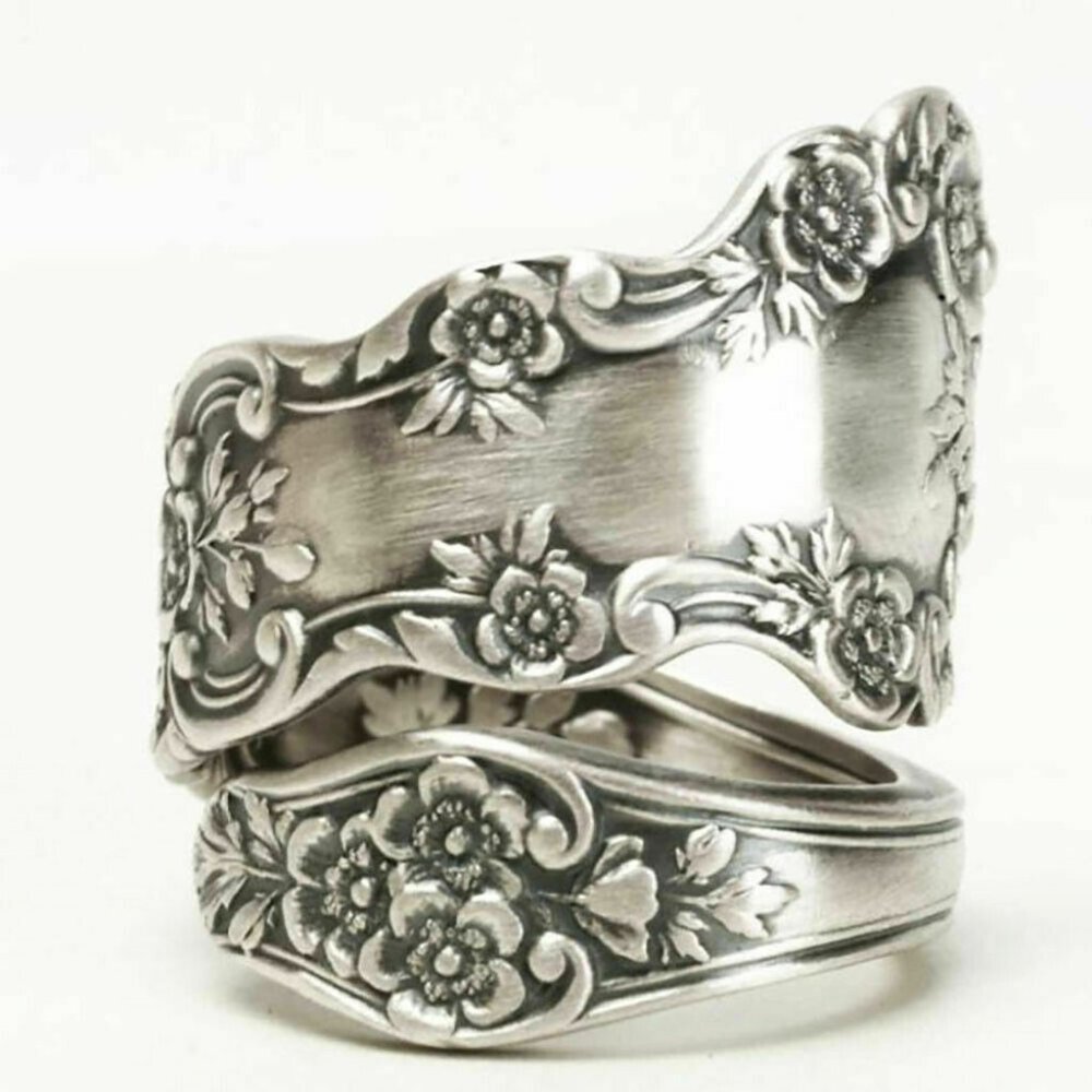 .925 Sterling Silver Flower Embellished Spoon Ring, Adjustable Size 6-11